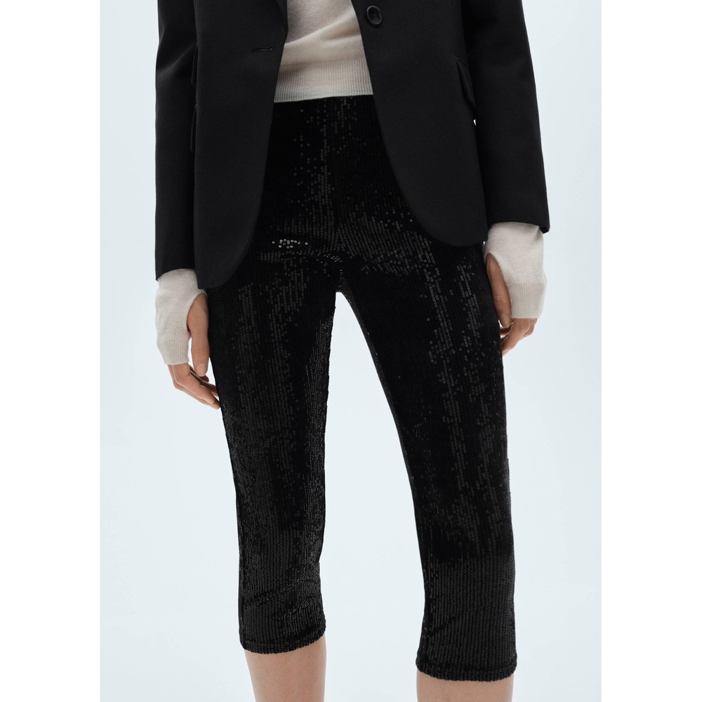 Mango MNG Black Sequin Cropped Capri Leggings High Rise Sparkle Pants Size M
